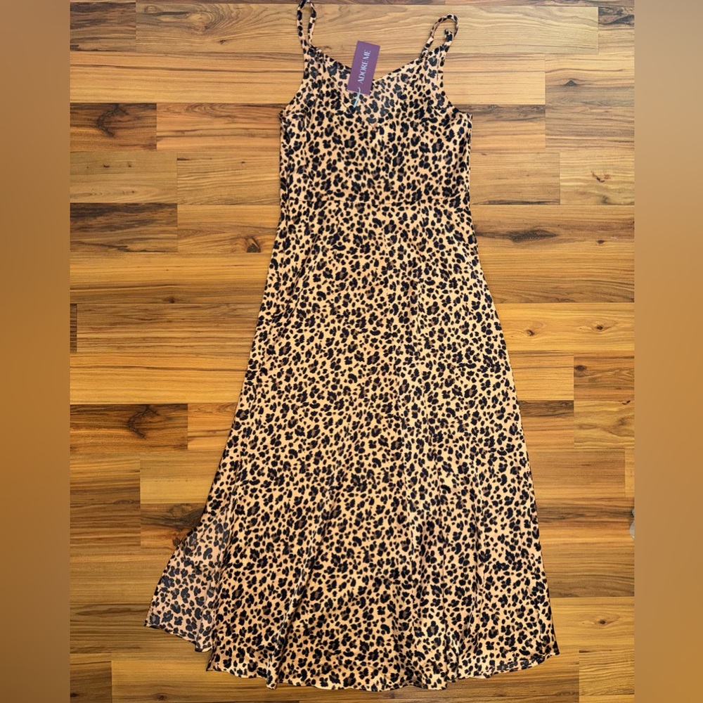 NWT Adore Me Leopard Slip Dress Mob Wife Bombshell Satin Animal Print Maxi - Picture 2 of 9